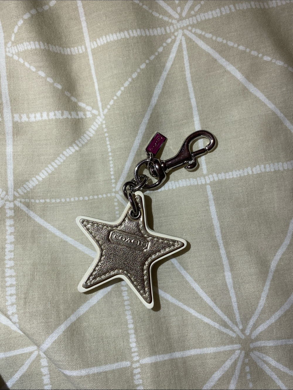 Coach Leather Metallic Silver & Gold Star Keychain with White Trim